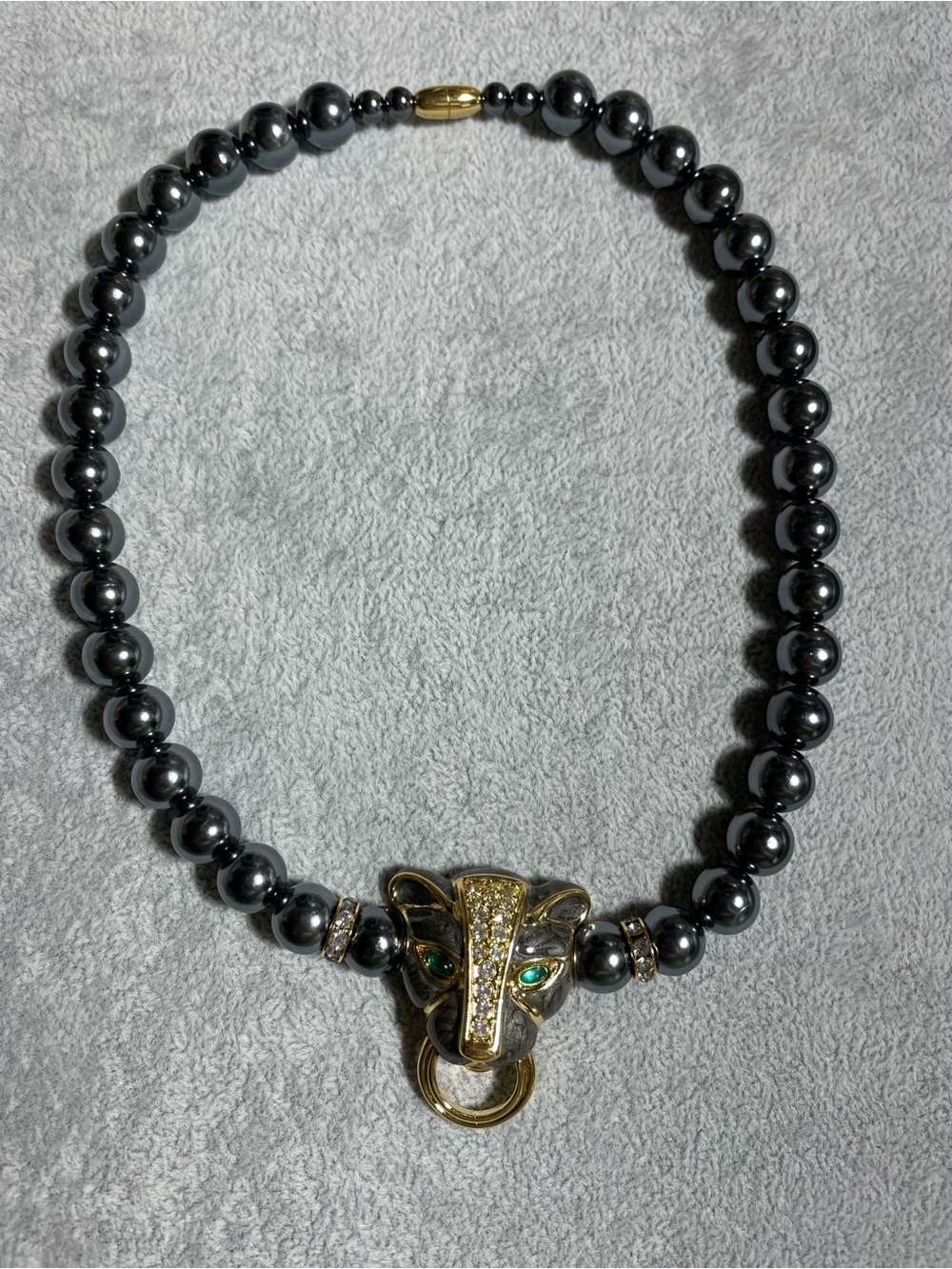 Vintage KJL for Avon Panther Necklace Grey Faux Pearls Rhinestones